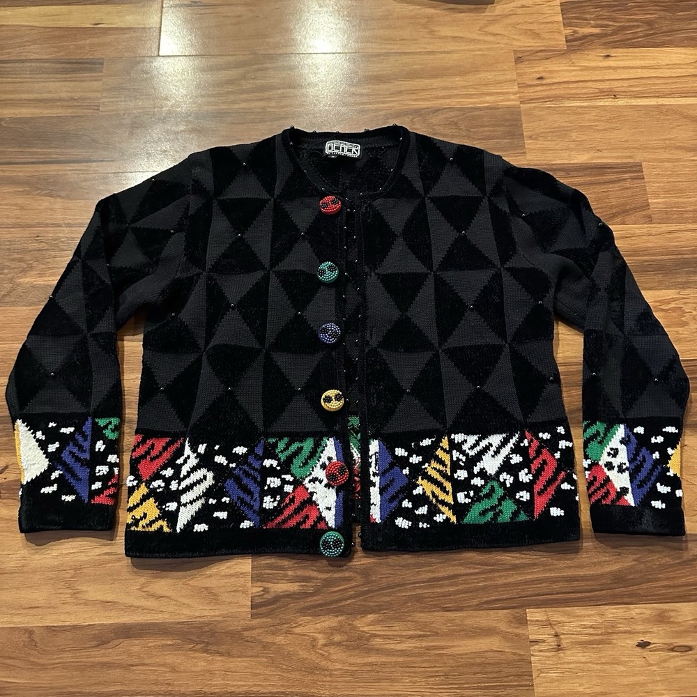 Vintage black BEREK Women's sweater CARDIGAN Indian mirror work chenille Medium